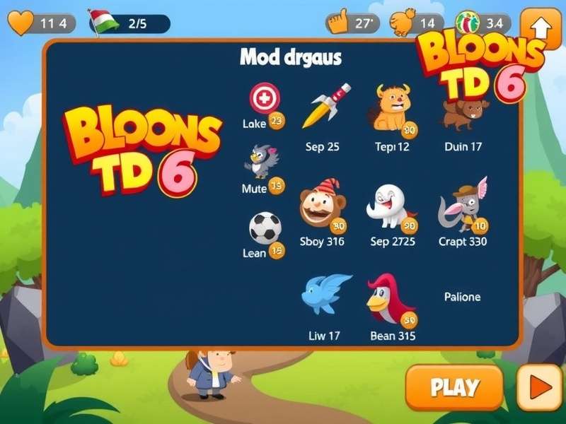 All Bloons TD 6 heroes unlocked in mod menu showing Geraldo, Etienne, and Sauda