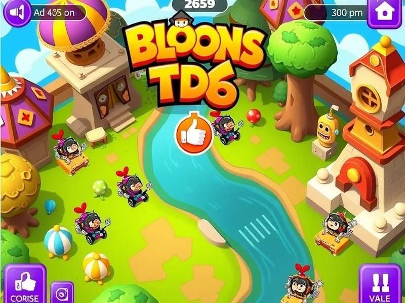 Bloons TD 6 gameplay on mobile device showing monkey towers and balloons