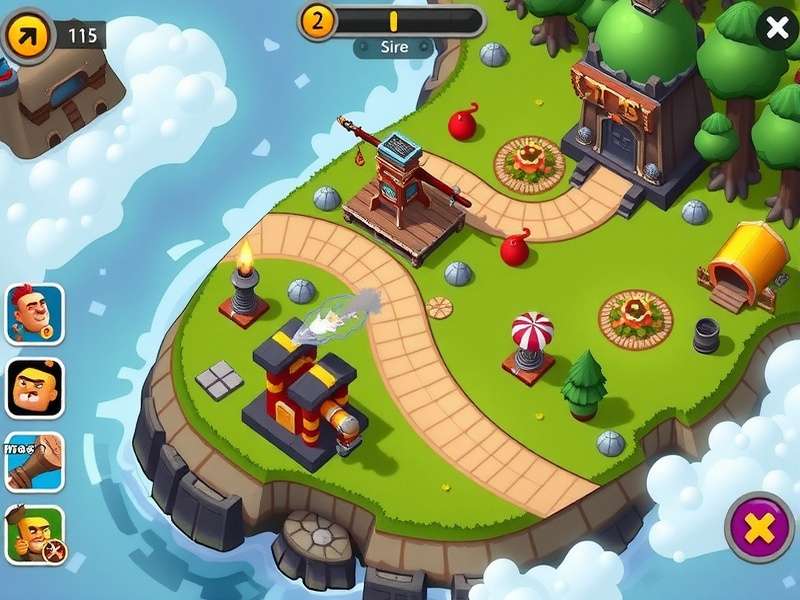 Bloons TD 5 Gameplay showing various monkey towers popping bloons on a map
