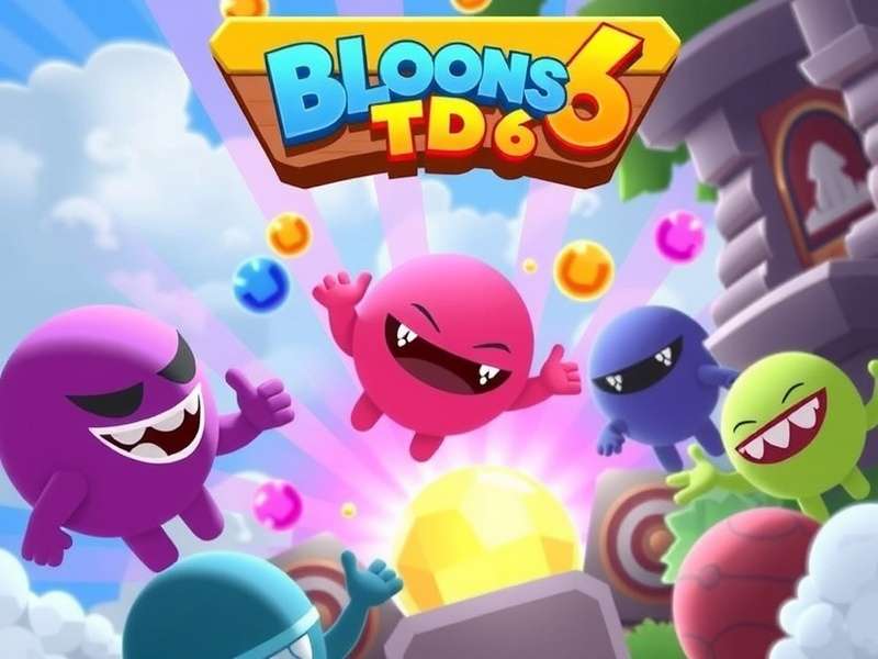 Bloons TD 6 gameplay screenshot showing monkeys popping bloons on a vibrant map