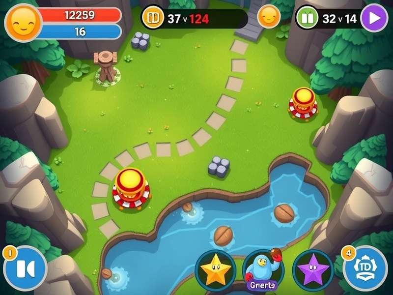 Bloons TD 6 gameplay screenshot showing multiple monkey towers fighting against MOAB-class bloons