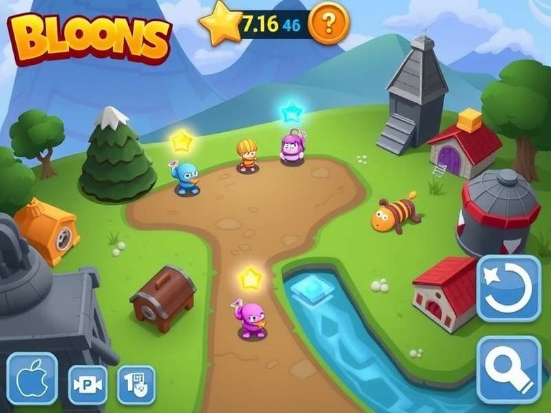 Bloons TD 6 gameplay on Mac showing monkey towers and bloons waves